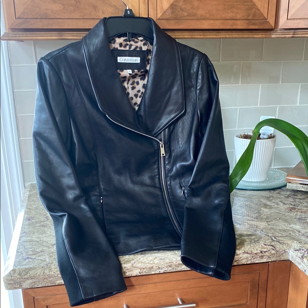 Calvin Klein Black Leather Motorcycle Jacket Medium